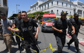 A suicide attack targeted police on the main street of Tunisia's capital morning, wounding a civilian and several police personnel, a police officer at the scene told AFP. (Photo by Fethi Belaid / AFP) (Photo credit should read FETHI BELAID/AFP via Getty Images)