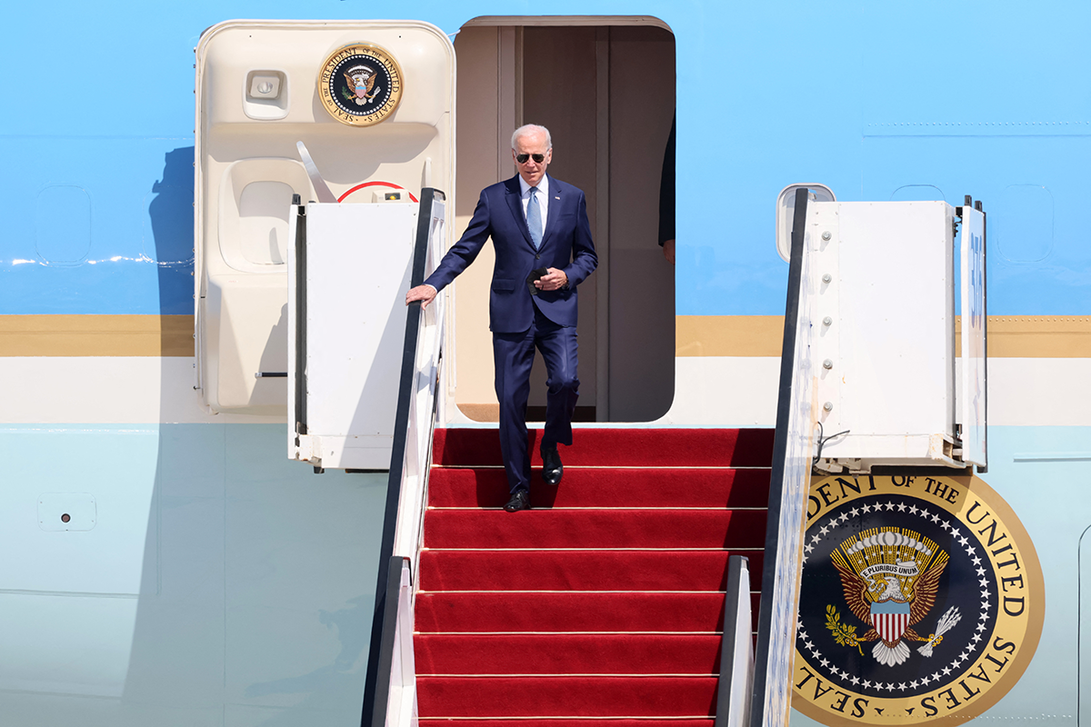 US President Joe Biden disembarks from Air Force One upon landing at Ben Gurion Airport in Lod near Tel Aviv, on July 13, 2022, as he starts his first tour of the Middle East since entering the White House last year. (Photo by JACK GUEZ / AFP) (Photo by JACK GUEZ/AFP via Getty Images)