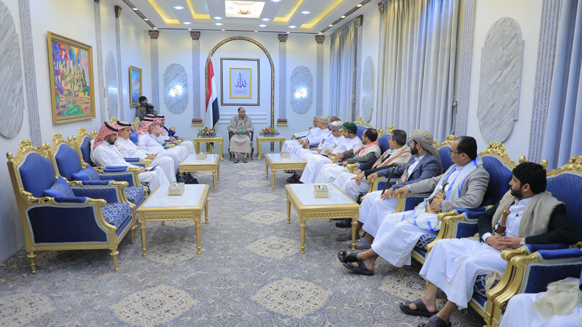 A handout photo released by Yemen’s Houthis-run Saba News Agency shows the Omani and Saudi delegations meeting Houthi officials on April 9, 2023 in Sana’a, Yemen. Photo Handout/Saba News Agency via Getty Images.
